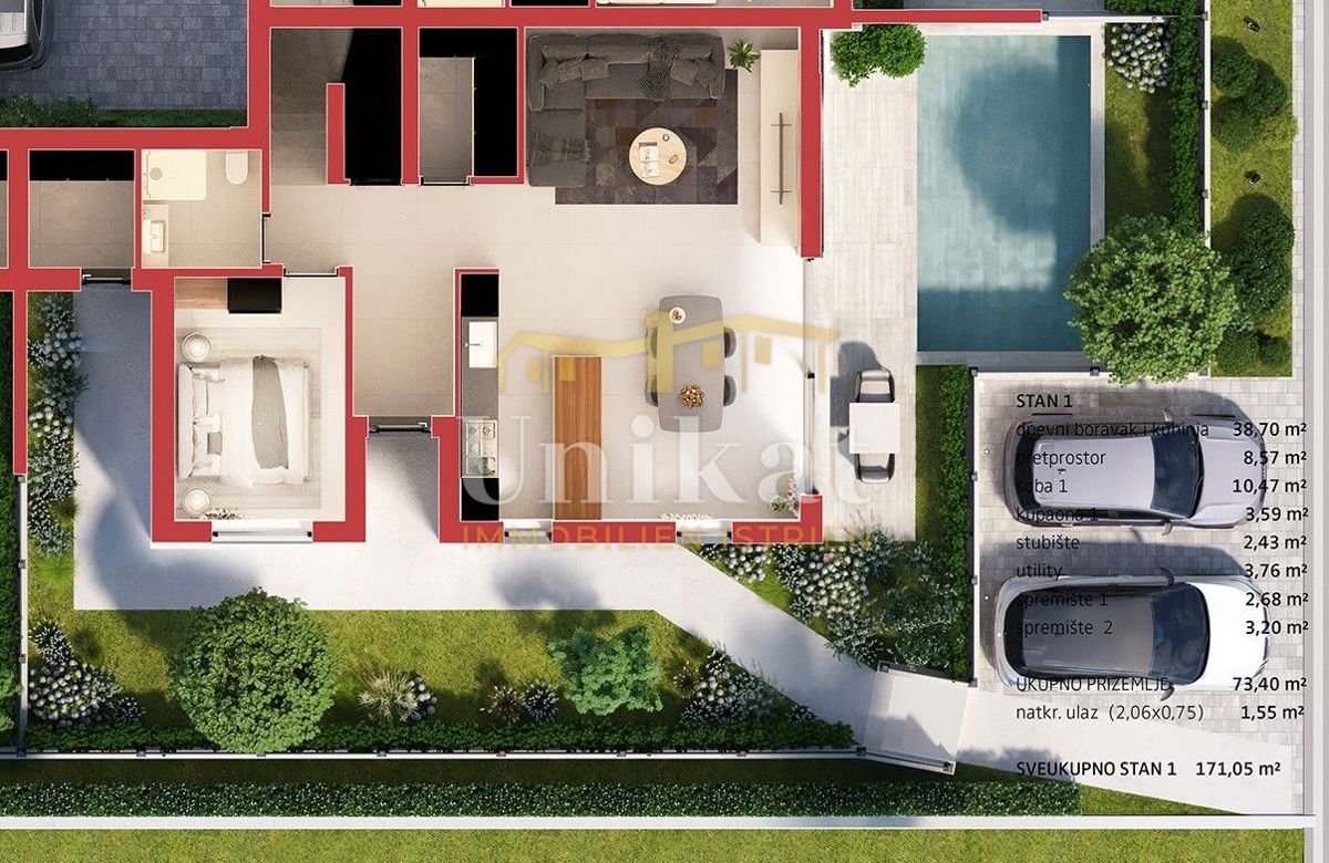 Dvojna hiša v Poreču, vrt, bazen in strešna terasa